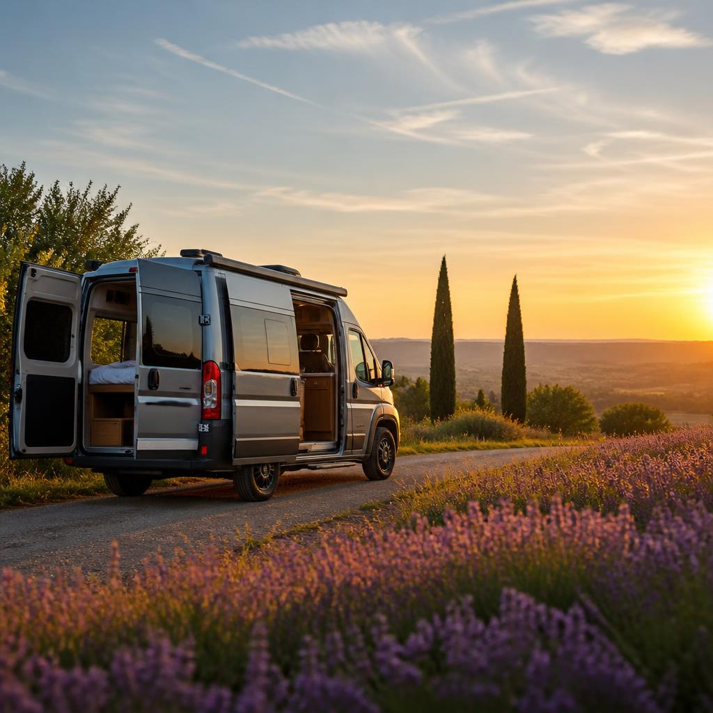 Van aménagé sur une route provençale au coucher de soleil, champs de lavande et cyprès — Provence Van Week-End 2026