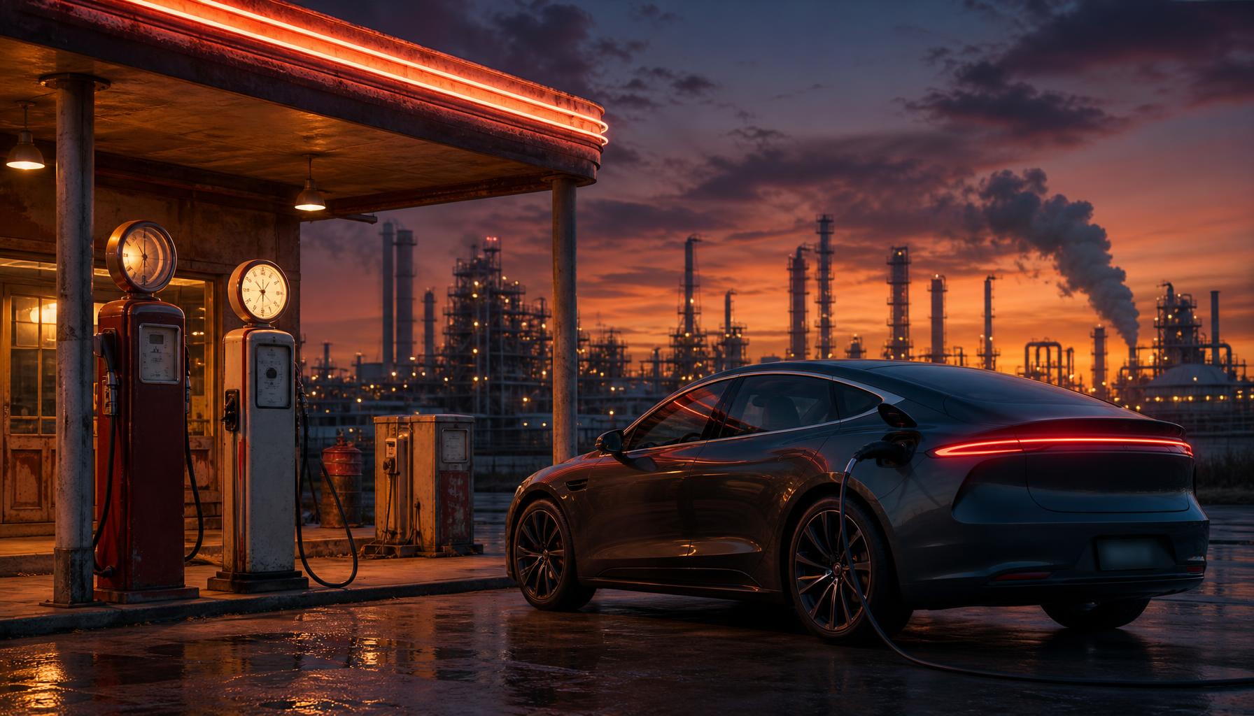 Voiture électrique en recharge devant une raffinerie au crépuscule — dépendance au pétrole et transition électrique
