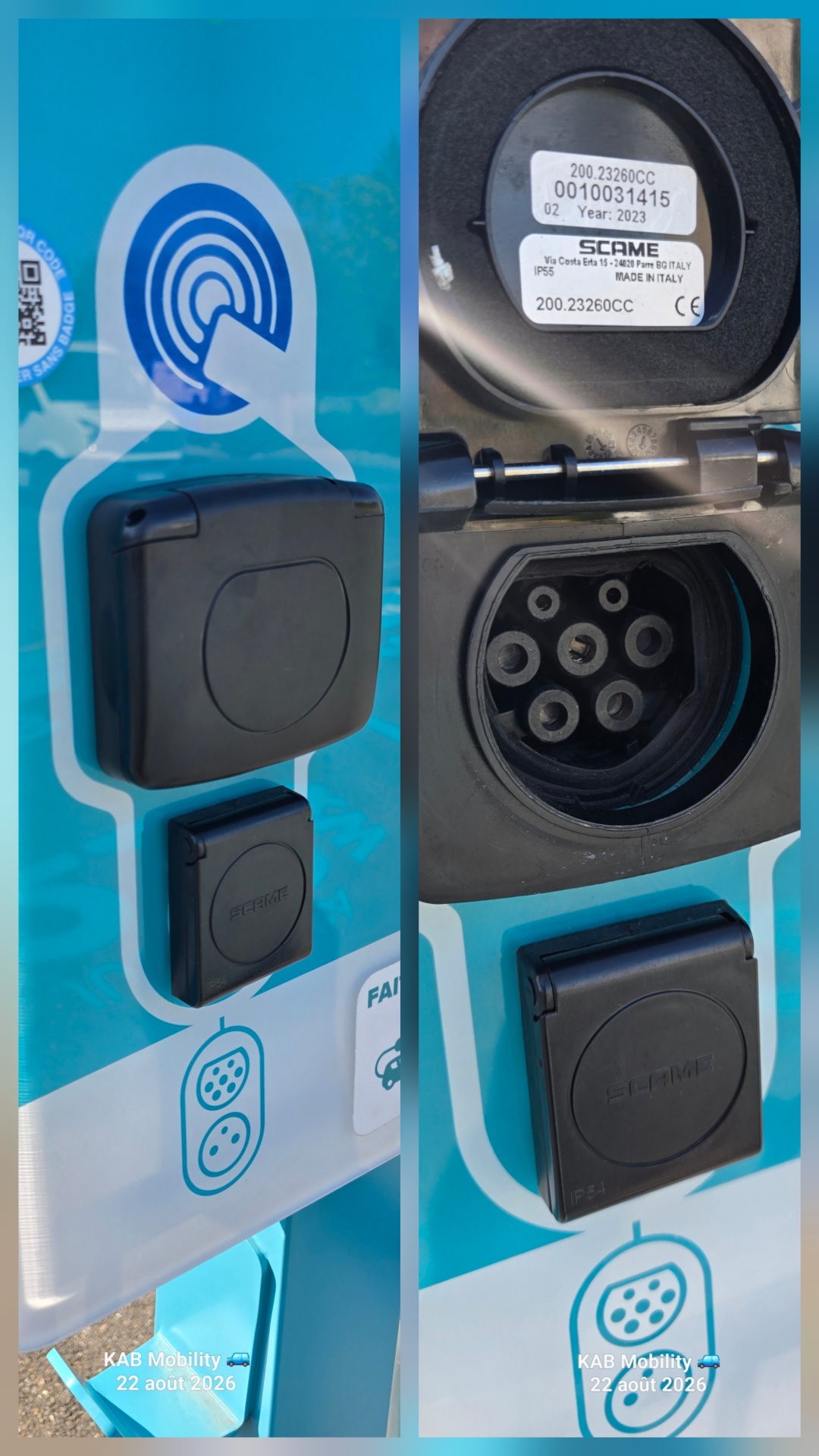 Prises d'une borne de recharge publique pour véhicule électrique et connecteur de charge d'un véhicule